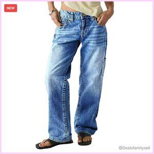 Mid Rise Straight Leg Boyfriend Jeans Stretchy Multi Pocket Casual Chic